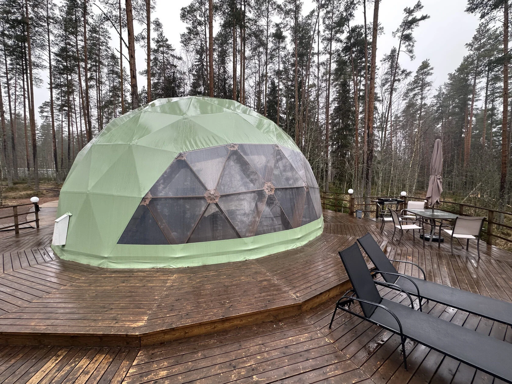 PIONEER dome on a wooden terrace among pines